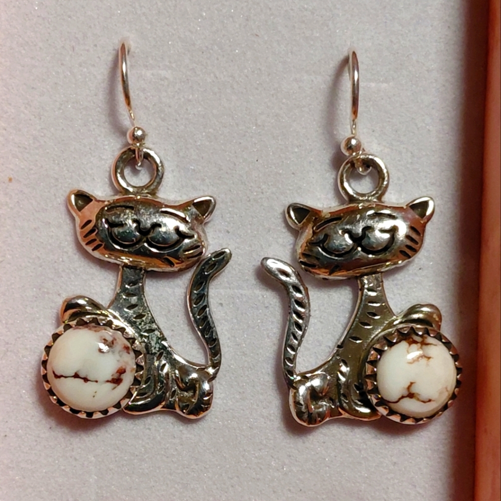 Sterling Silver Cat Earrings With Wild Horse Jasper Stones